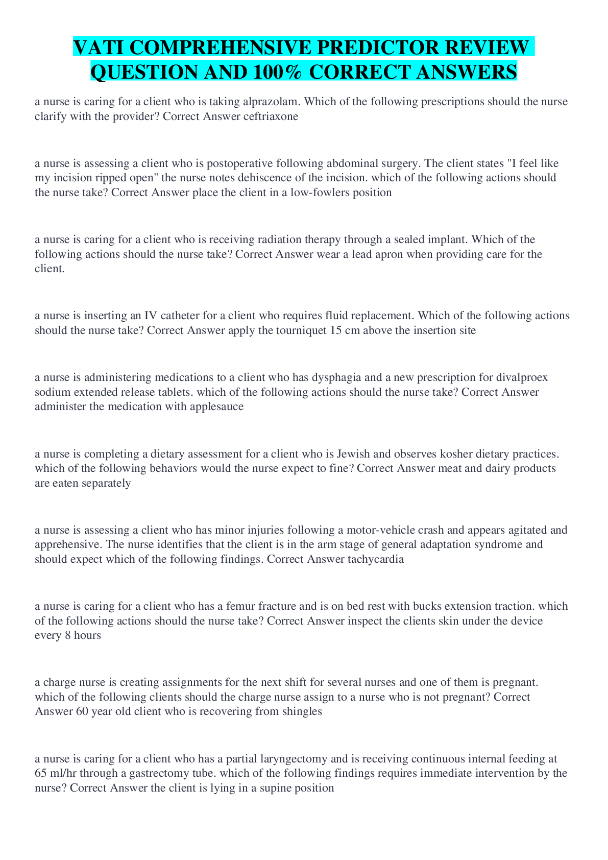 Preview image for VATI COMPREHENSIVE PREDICTOR REVIEW QUESTION AND 100% CORRECT ANSWERS